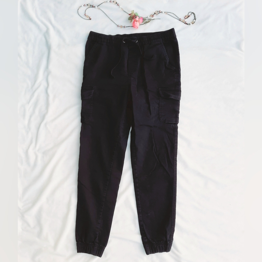 HARLOW Cargo Jogger Pants, Black, Drawstring Waist, Elastic Ankles